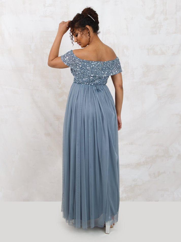 Elegant Off-Shoulder Sequin Bodice Grey Maxi Dress for Women | Party & Evening Gown