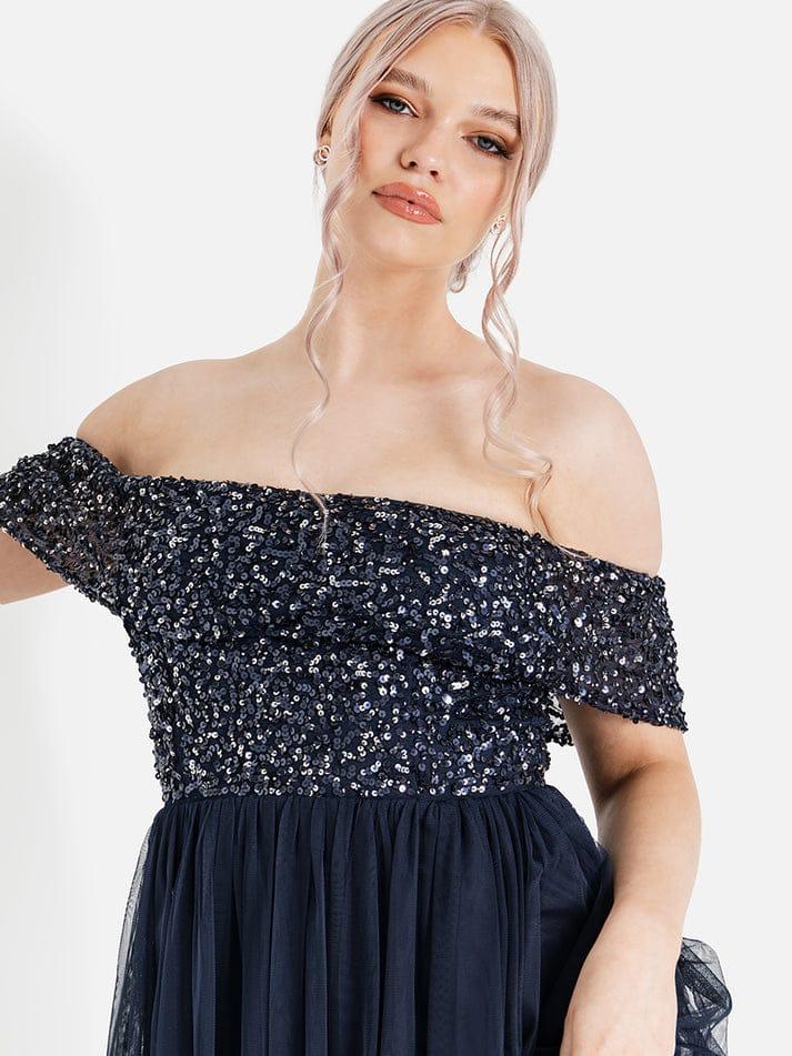 Elegant Navy Blue Off-Shoulder Sequin Evening Gown – Floor-Length Party & Wedding Dress