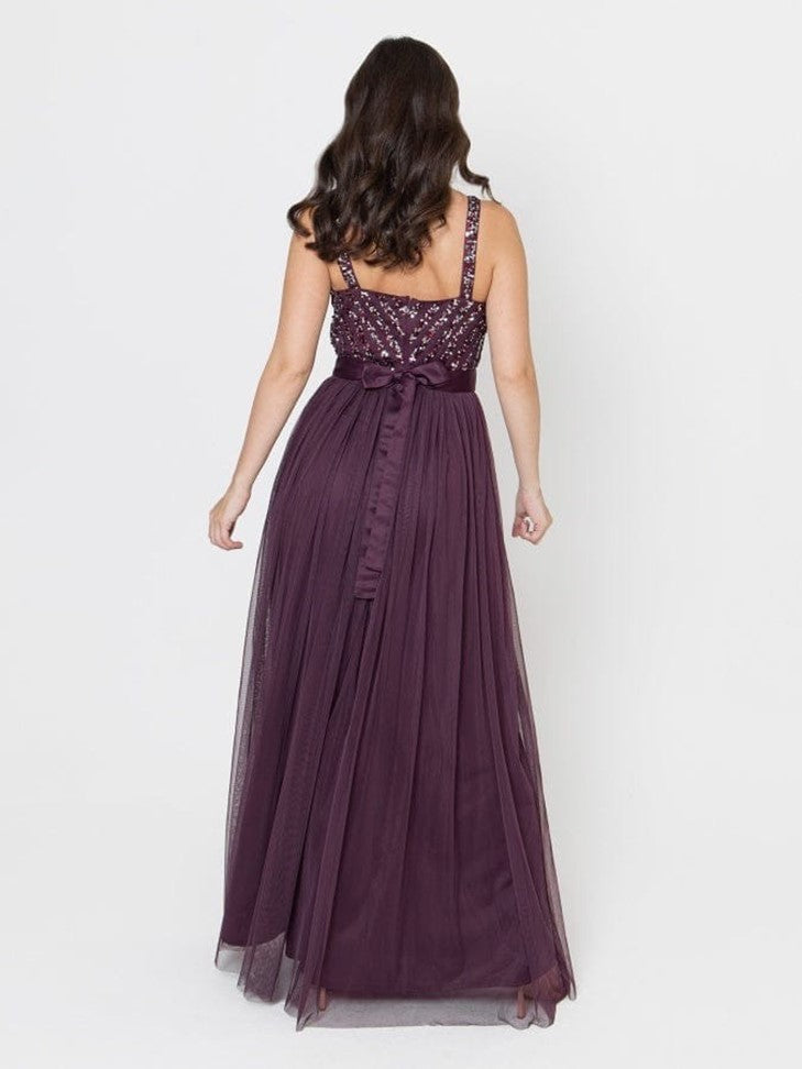 Elegant Wine Sequin Bodice Maxi Gown for Women – Sleeveless Party & Evening Dress