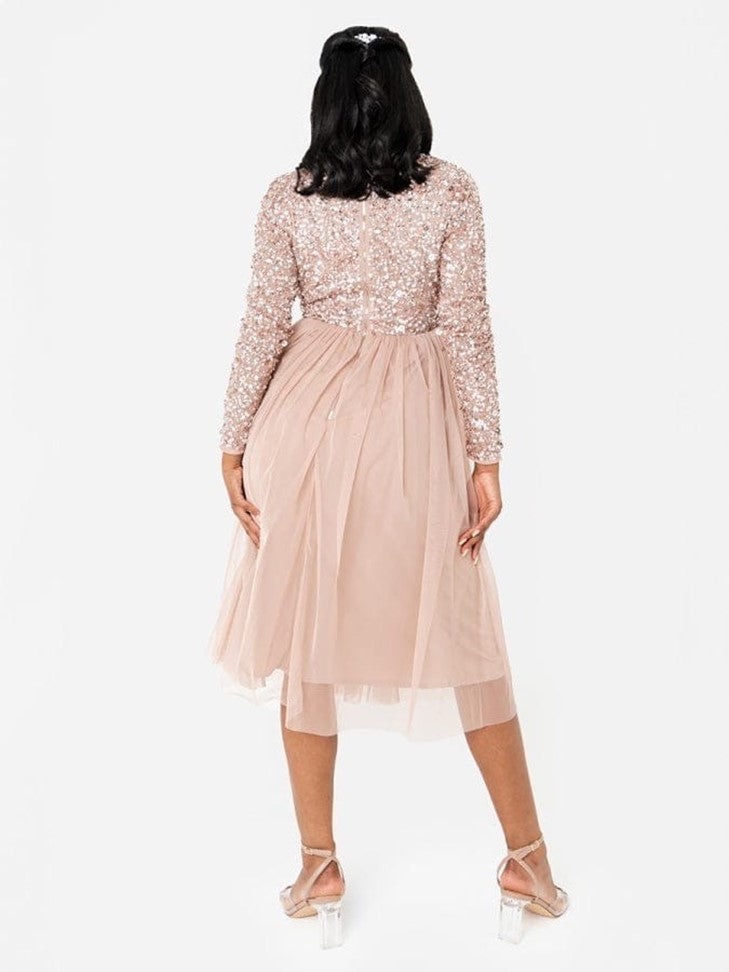 Blush Pink Sequin Embellished Midi Dress with Long Sleeves & Tulle Skirt – Elegant Party Wear