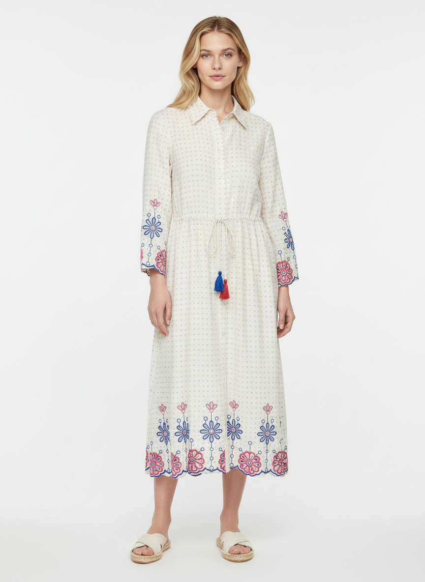 Elegant Off-White Cotton Midi Dress for Women with Floral Embroidery & Tassels
