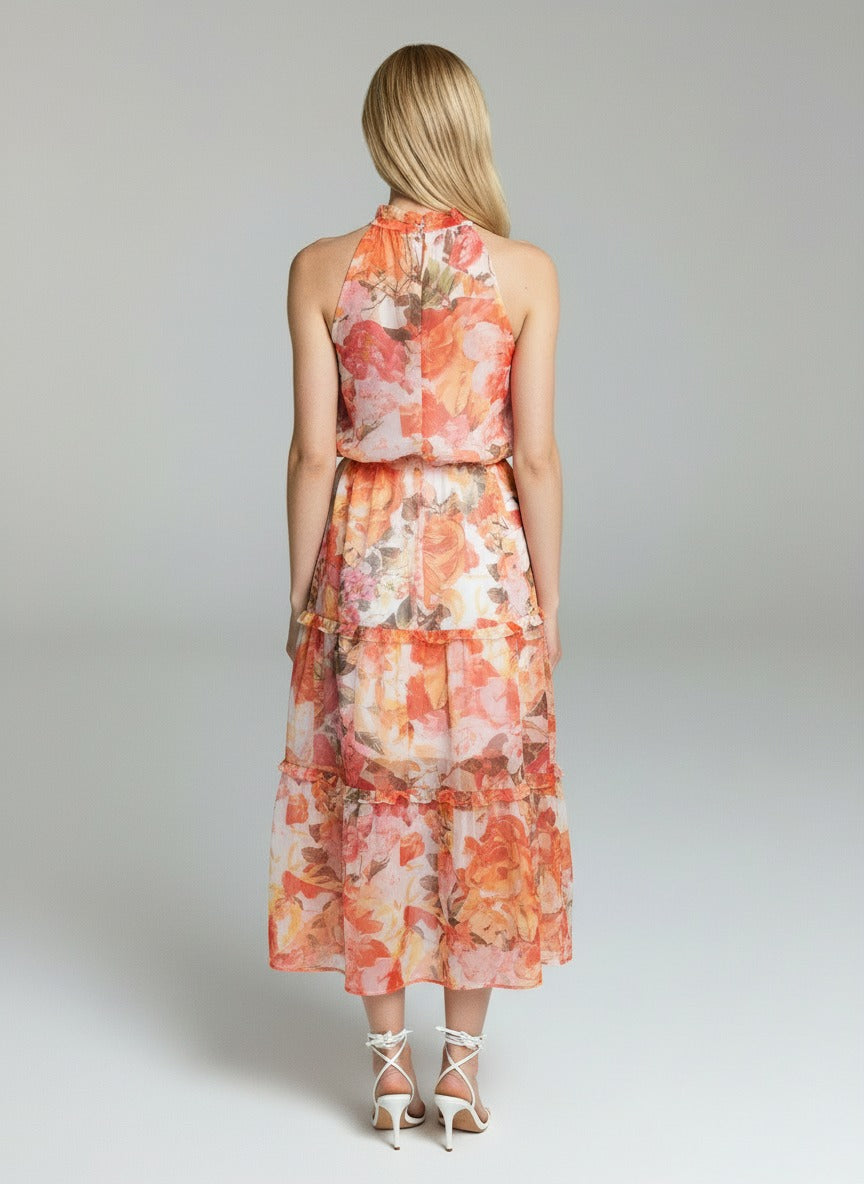 Elegant Floral Tiered Midi Dress for Women – Sleeveless Halter Neck Summer Party Dress