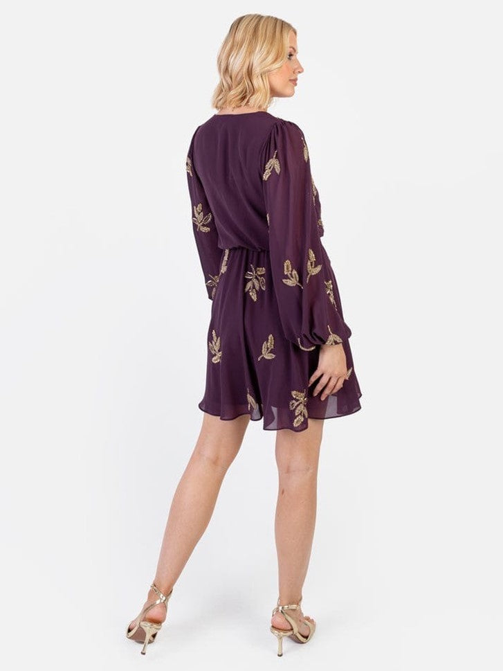 Elegant Plum Embroidered Mini Dress for Women | V-Neck Flare Dress