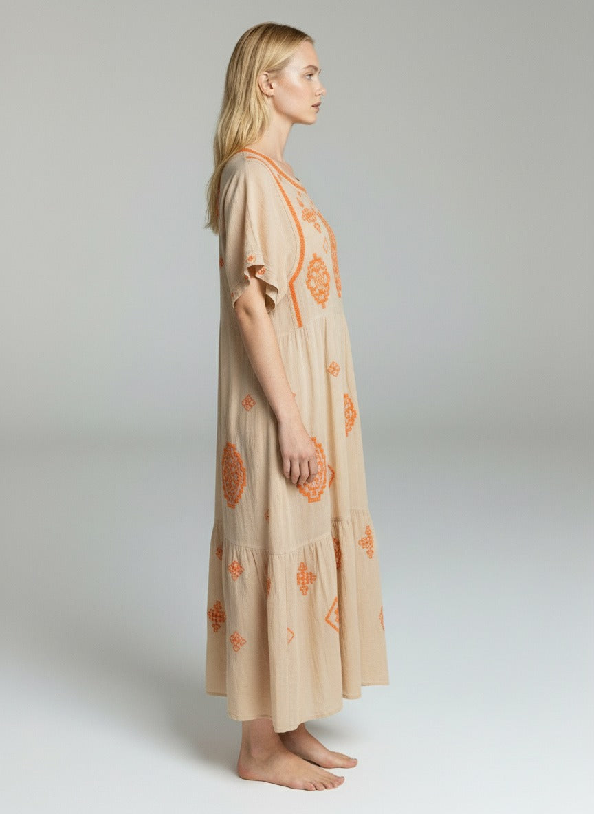 Beige Embroidered Boho Maxi Dress – Ethnic Print Relaxed Fit Summer Dress for Women