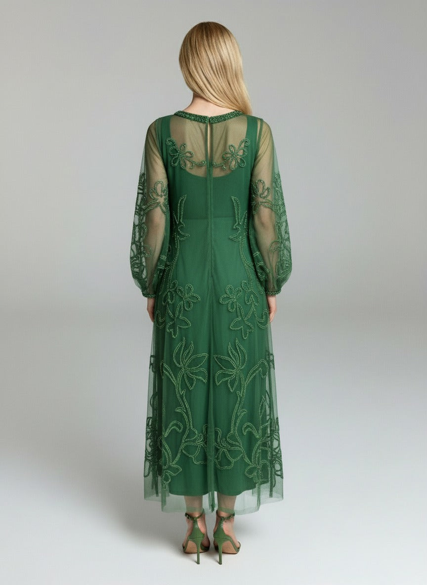 Elegant Emerald Green Embroidered Maxi Dress – V-Neck Sheer Sleeve Evening Gown