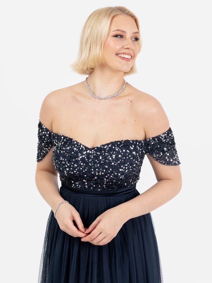 Navy Sequin Off-Shoulder Party Gown with Slit