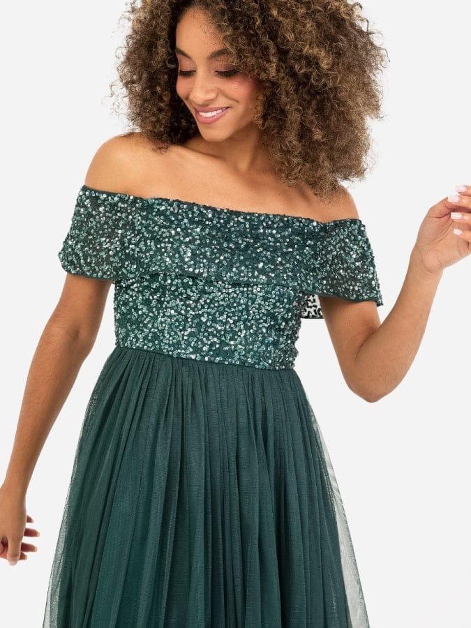 Elegant Off-Shoulder Emerald Green Tulle Midi Dress for Women