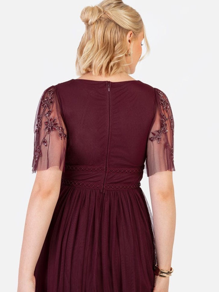 Elegant Burgundy Embroidered Midi Dress for Women – V-Neck Sheer Sleeves Party & Evening Wear