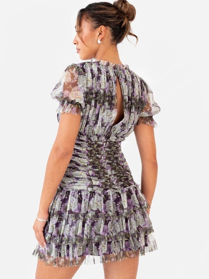 Women’s Ruched Floral Mini Dress with Puff Sleeves – Elegant Party Wear Short Dress