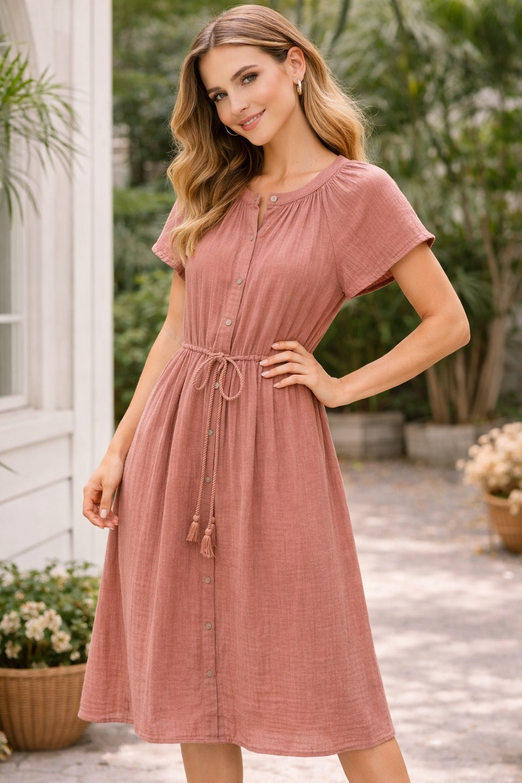 Women’s Dusty Rose Button-Down Midi Dress with Waist Tie – Casual Summer A-Line Dress
