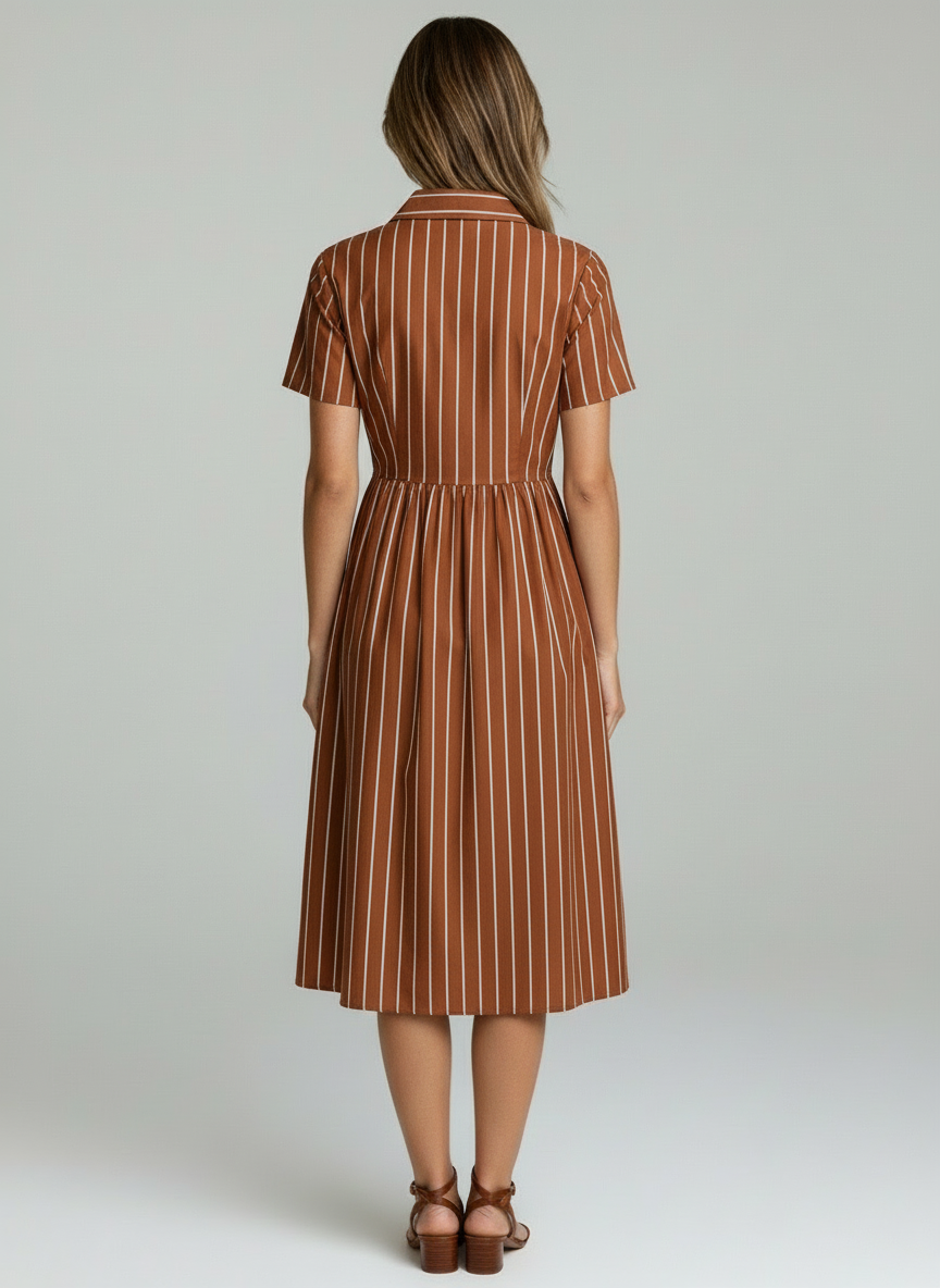 Women Brown Striped Shirt Midi Dress with Button-Down Front & Pleated Skirt