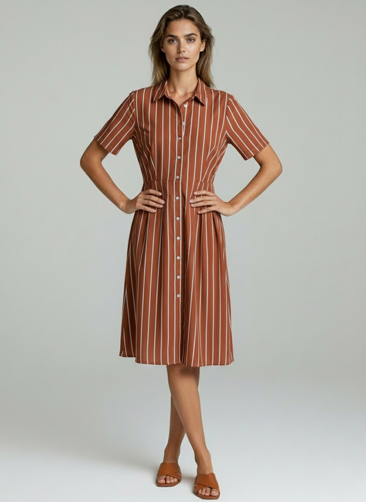 Women Brown Striped Shirt Midi Dress with Button-Down Front & Pleated Skirt