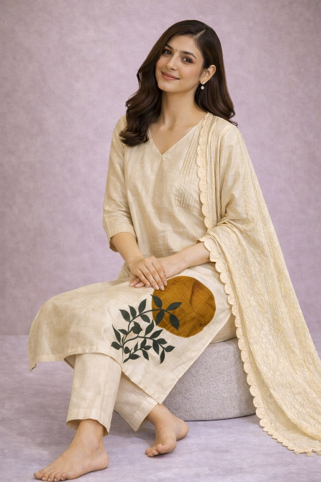 Elegant Beige Cotton Kurta Set with Dupatta & Botanical Print