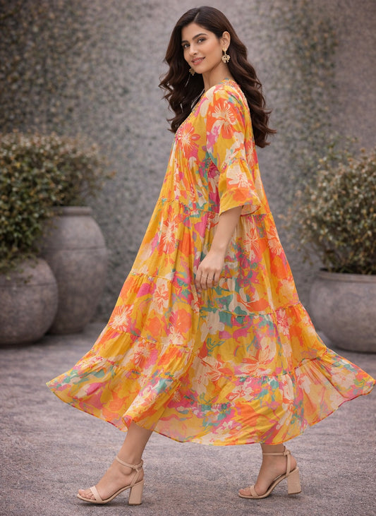 Sunshine Bloom Floral Tiered Midi Dress for Women