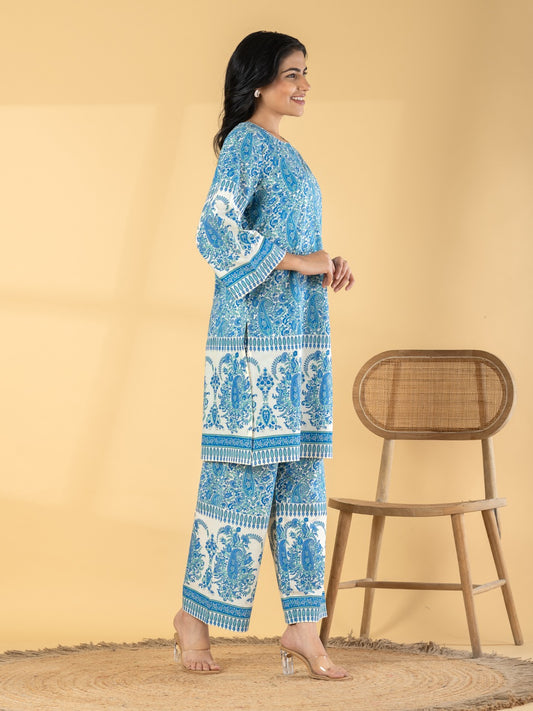 Blue Paisley Print Cotton Kurta Set for Women