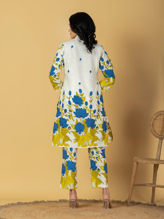 Women’s White Floral Printed Kurta Set with Pants