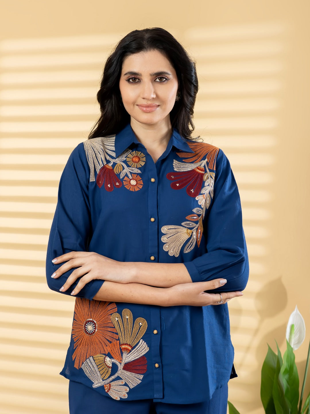 Women’s Navy Blue Embroidered Co-Ord Set | Floral Shirt & Straight Pants | Elegant Casual Wear