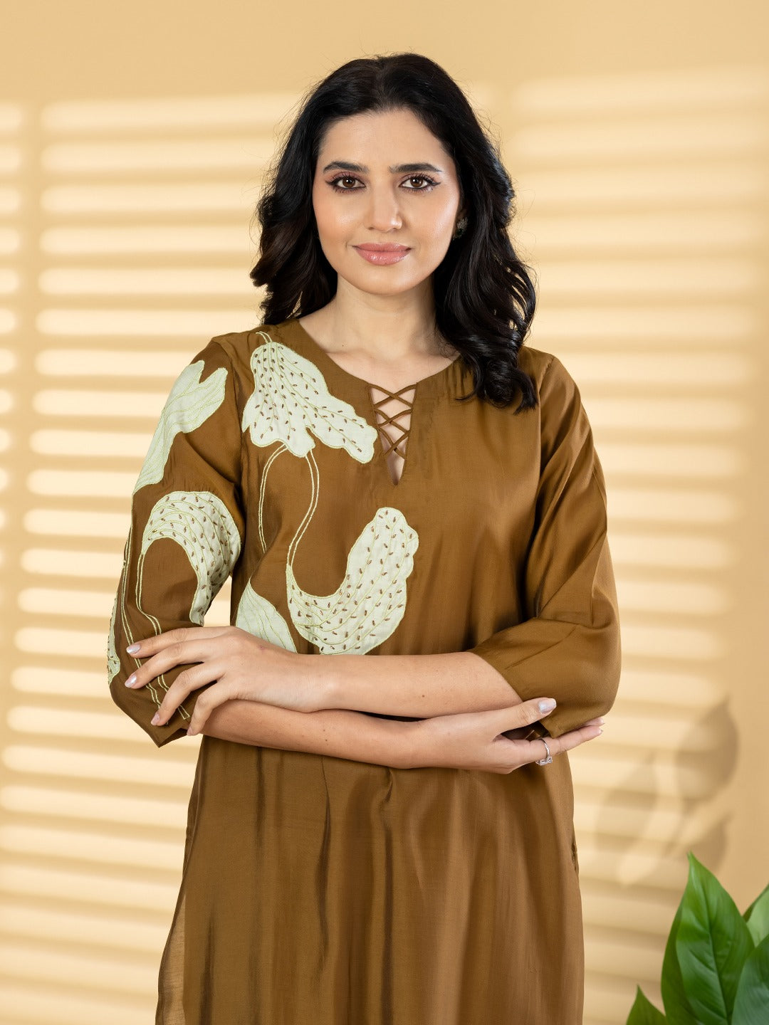 Elegant Brown Printed Kurta Set with Straight Pants for Women
