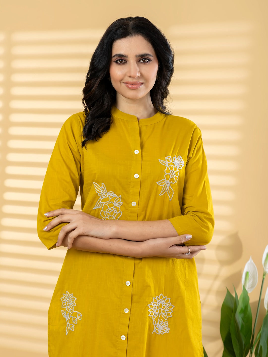 Mustard Yellow Embroidered Cotton Kurta Set with Pants for Women