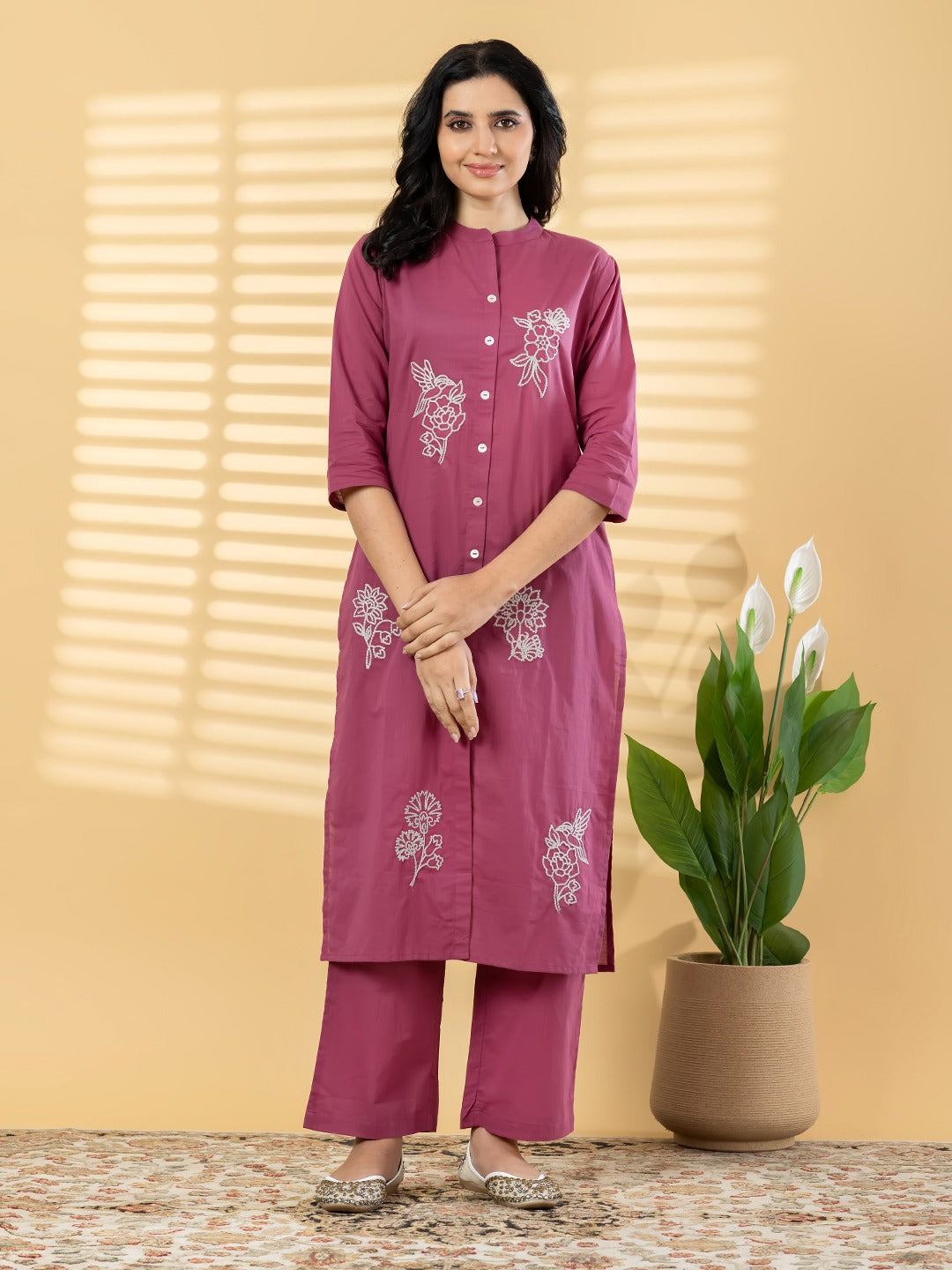 “Women’s Magenta Cotton Kurta Set with Floral Embroidery & Straight Pants”