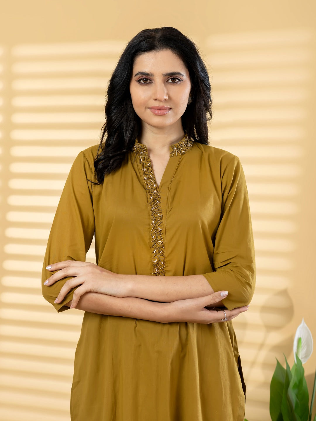 Mustard Embroidered Kurta Set with Straight Pants for Women