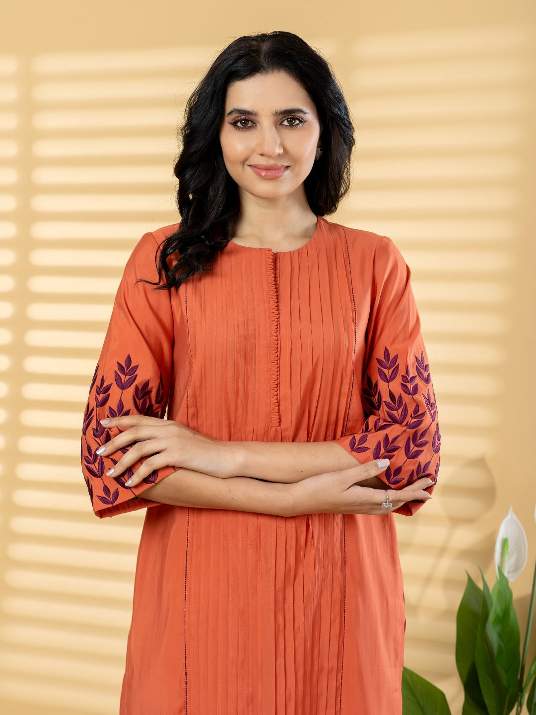 Women’s Rust Orange Embroidered Kurta Set with Straight Pants