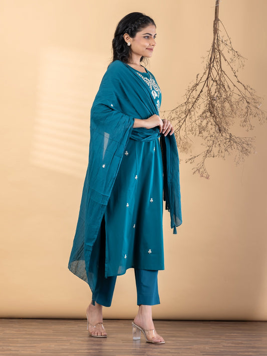 Teal Embroidered Kurta Set for Women with Dupatta & Pants