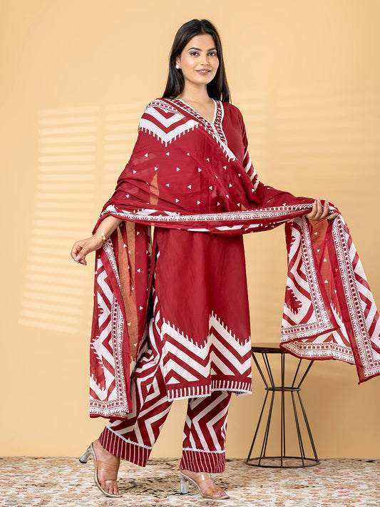 Elegant Red Kurta Set with Dupatta | Traditional Printed Suit