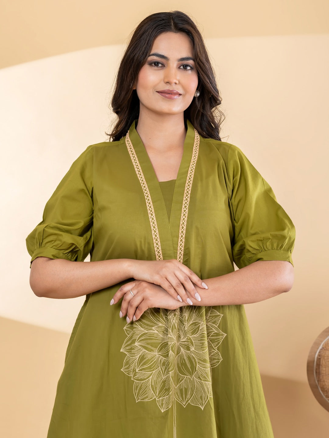 Women’s Olive Green Floral Printed A-Line Kurta Set with Pants