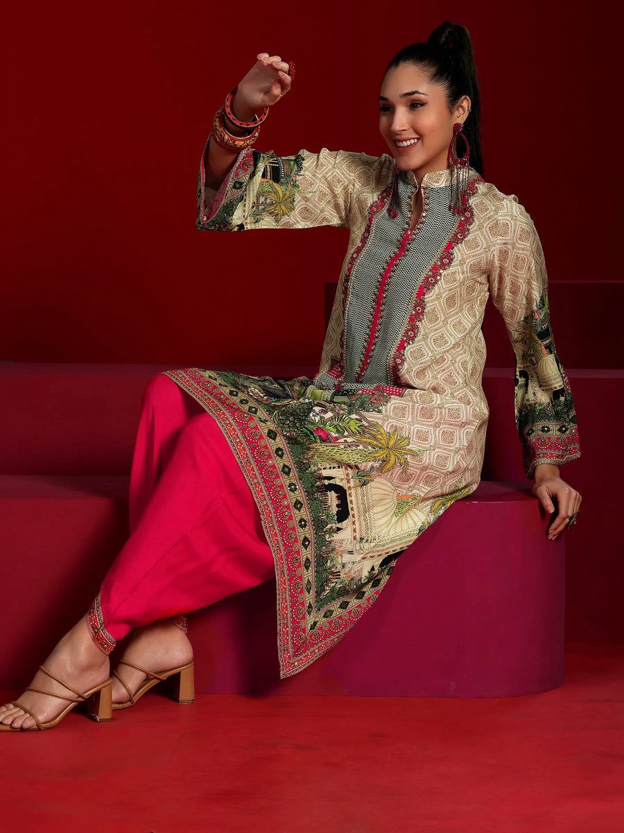 Women’s Digital Printed Asymmetrical Kurta with Pink Tulip Shalwar | Designer Ethnic 2-Piece Suit
