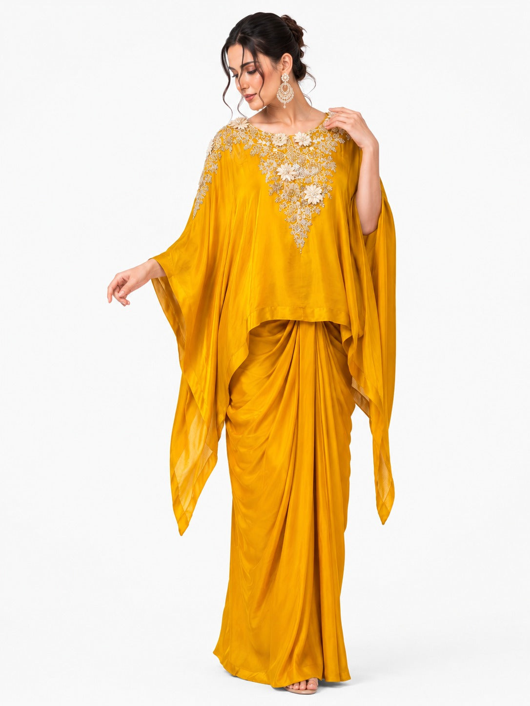 Luxury Mustard Yellow Kaftan Drape Set with Floral Embroidery for Women