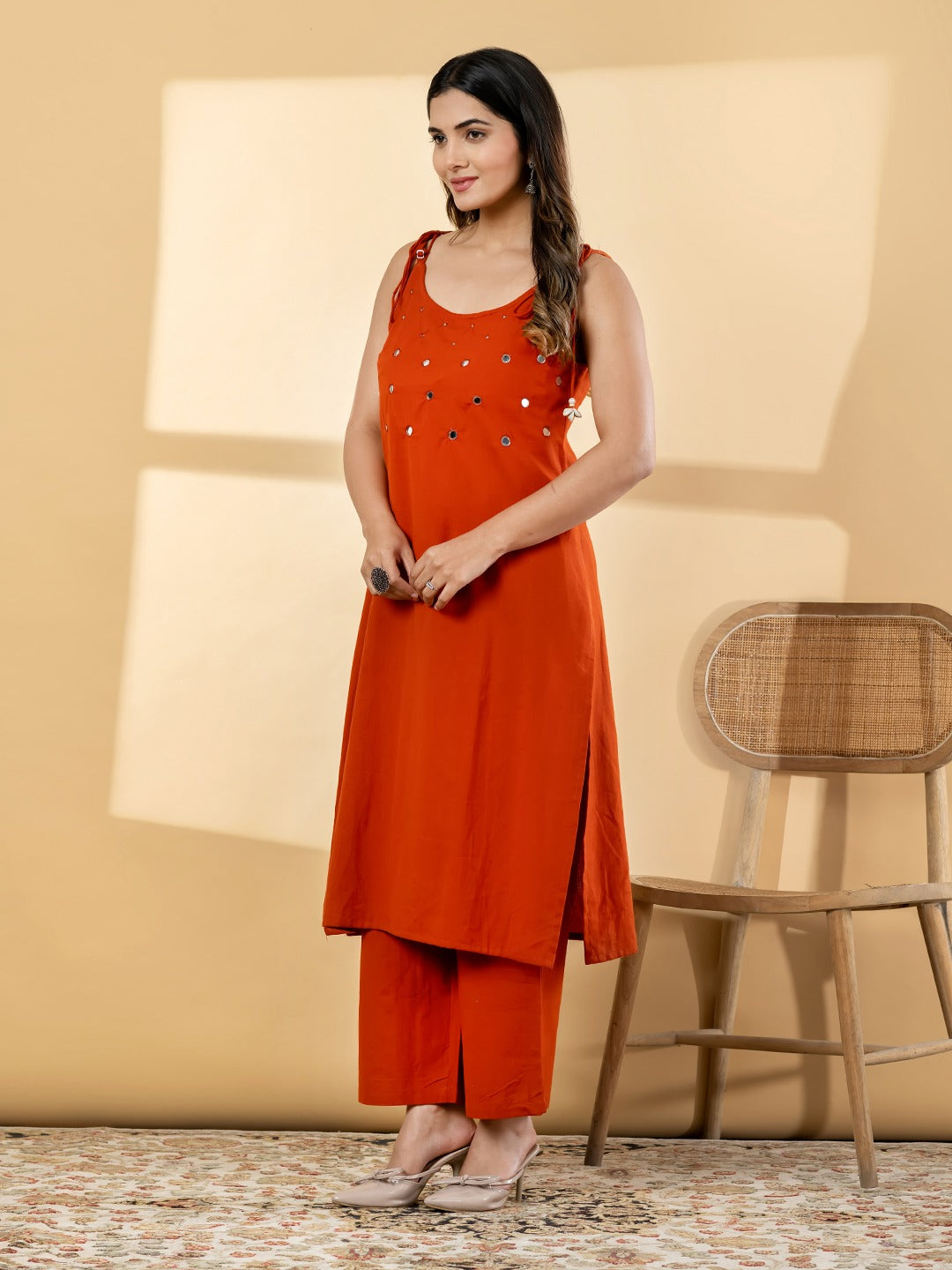 Women’s Rust Orange Embellished Sleeveless Kurta Set with Pants