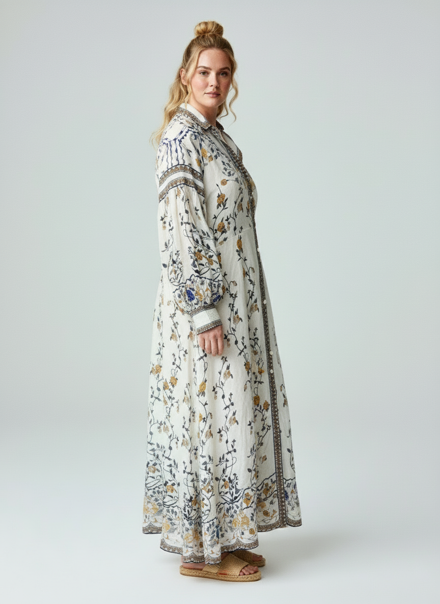 Women’s White Floral Printed Long Kurta Dress – Elegant Ethnic Wear