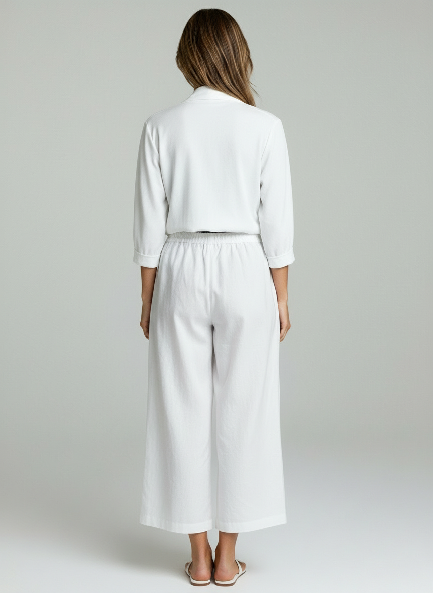 Elegant White Two-Piece Set with Sheer Shrug & Relaxed Fit Pants for Women