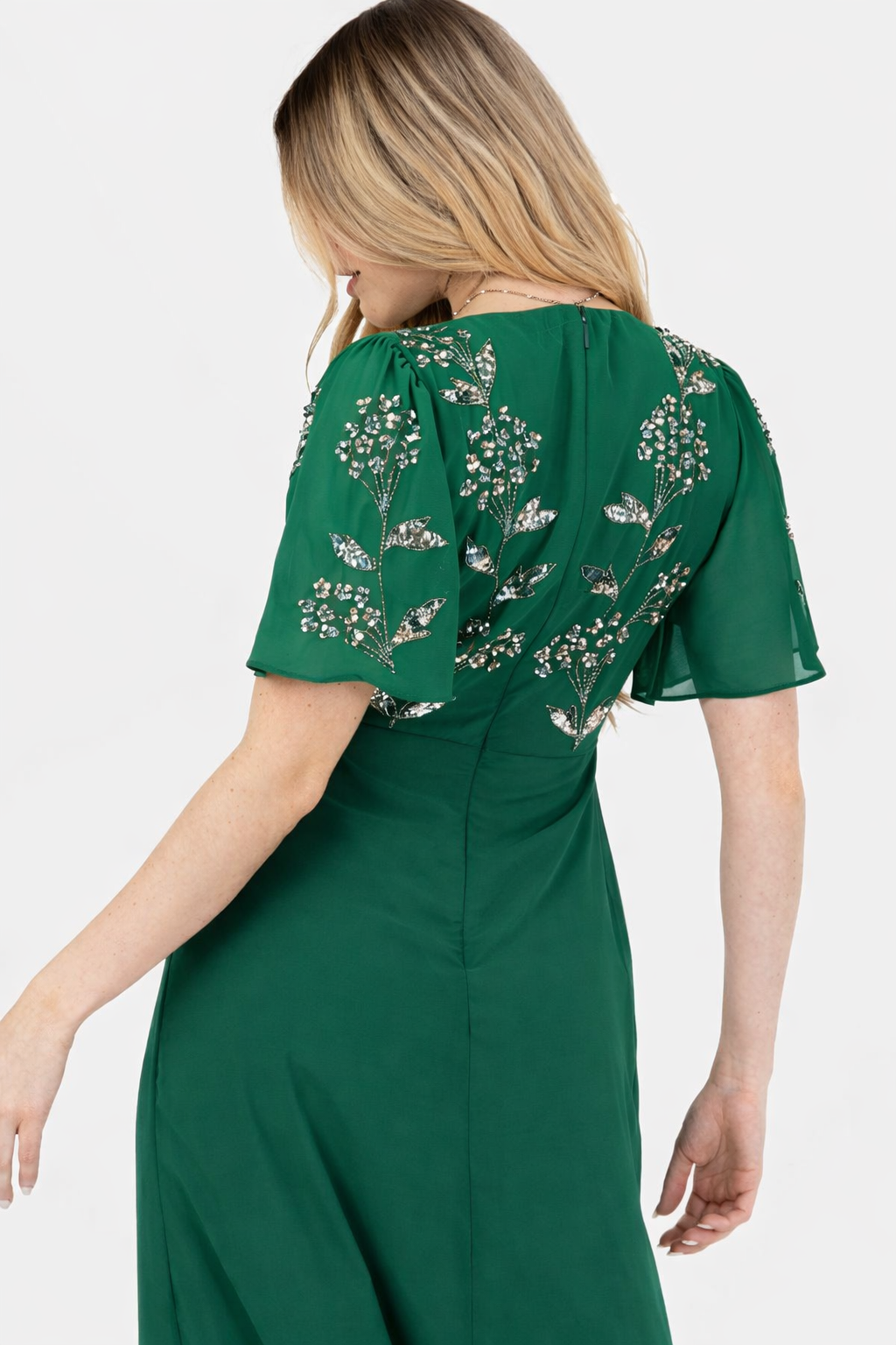 Emerald Green Floral Embroidered Maxi Dress with Front Slit & Ruffle Detail