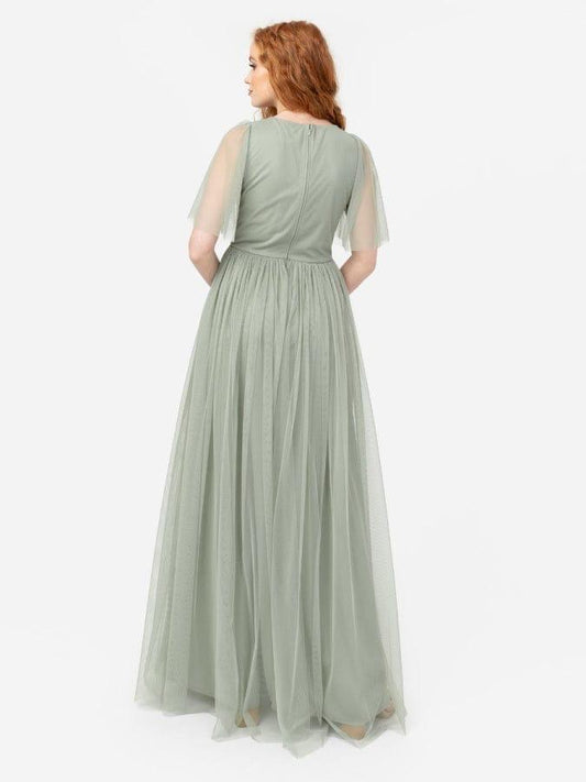 Elegant Sage Green Tulle Maxi Dress for Women – V-Neck Flowy Party & Evening Gown