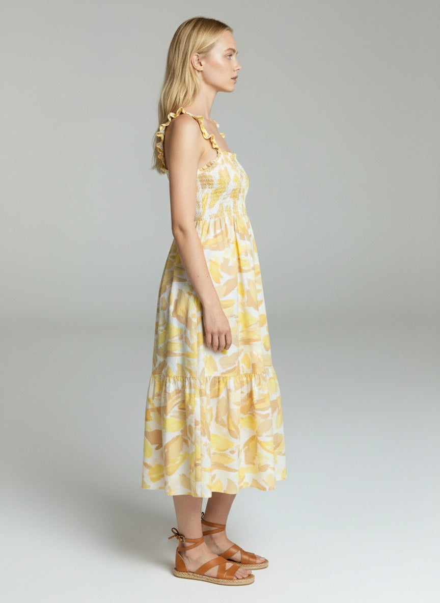 Women’s Yellow Floral Midi Dress – Sleeveless Smocked Summer Casual A-Line Dress