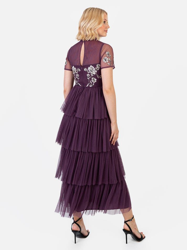 Elegant Plum Purple Floral Embroidered Mesh Maxi Dress for Women