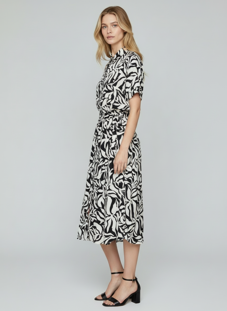 Women’s Black & White Abstract Print Midi Shirt Dress with Belt – Casual Summer Outfit
