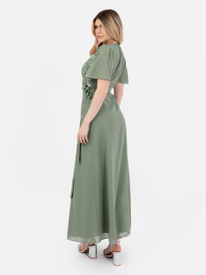 Elegant Sage Green Floral Sequin Embellished Wrap Dress for Women
