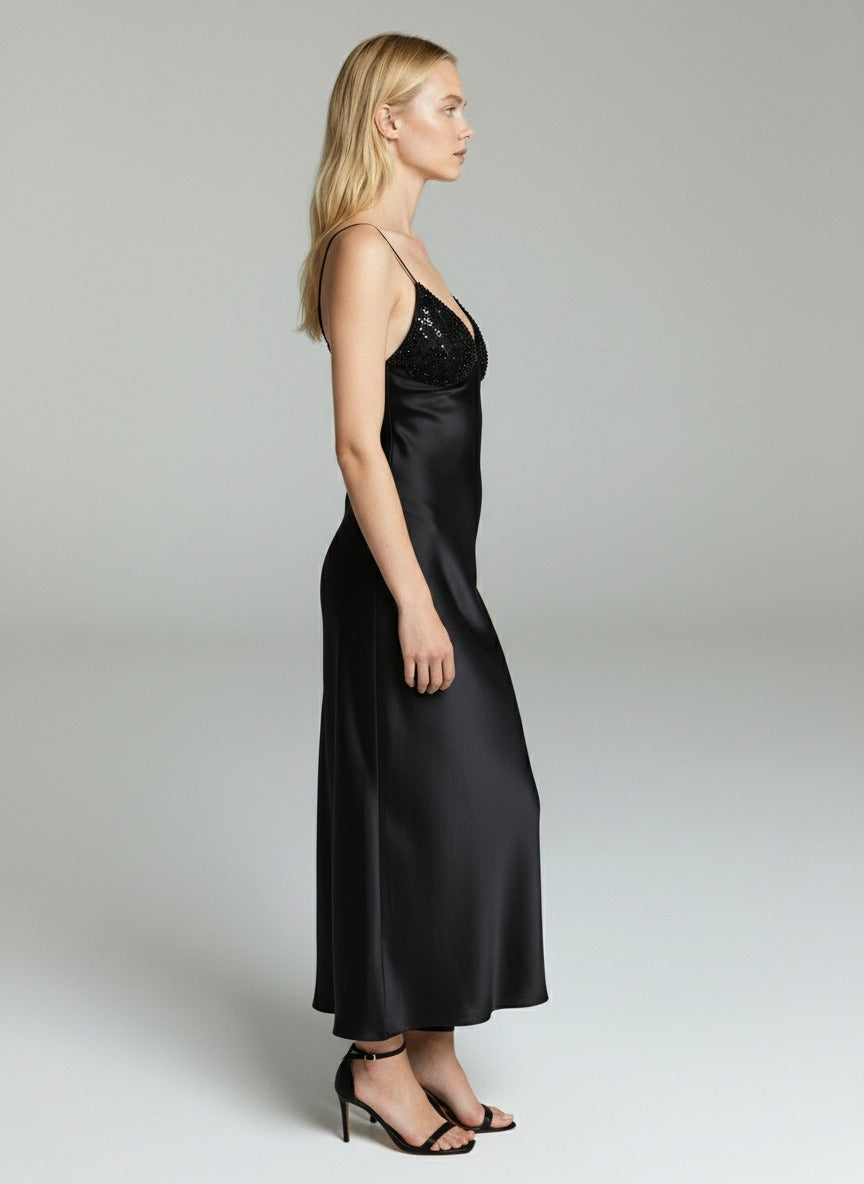 Elegant Black Satin Slip Dress with Lace Bodice – Spaghetti Strap Midi Evening Dress