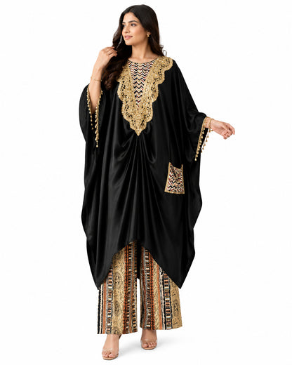 Luxury Black Embroidered Kaftan Co-Ord Set with Printed Palazzo Pants