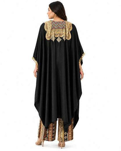Luxury Black Embroidered Kaftan Co-Ord Set with Printed Palazzo Pants
