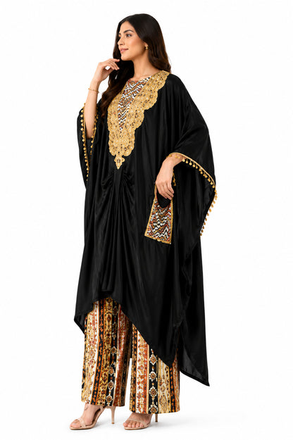 Luxury Black Embroidered Kaftan Co-Ord Set with Printed Palazzo Pants