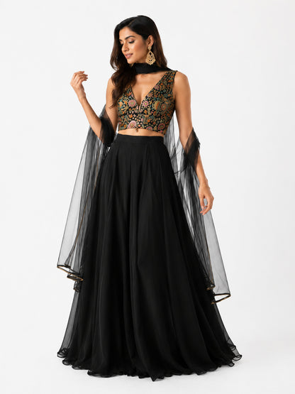 Women's Black Embroidered Lehenga Choli Set with Net Dupatta