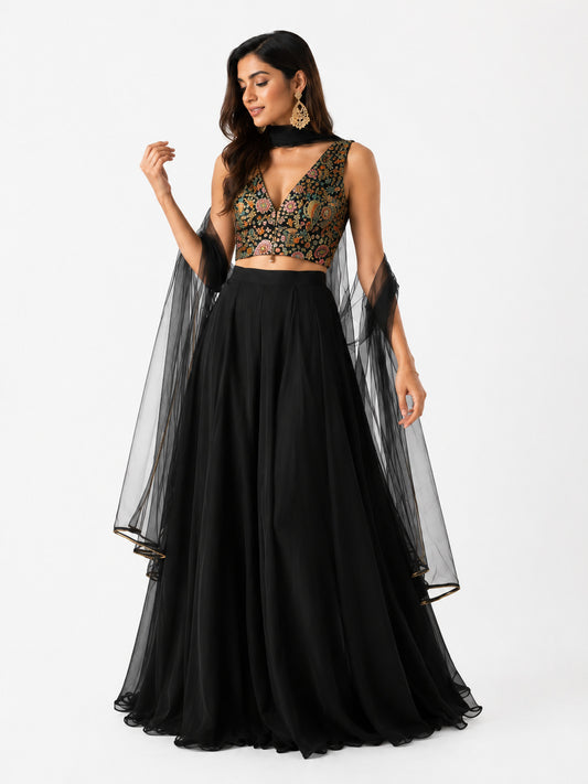 Women's Black Embroidered Lehenga Choli Set with Net Dupatta