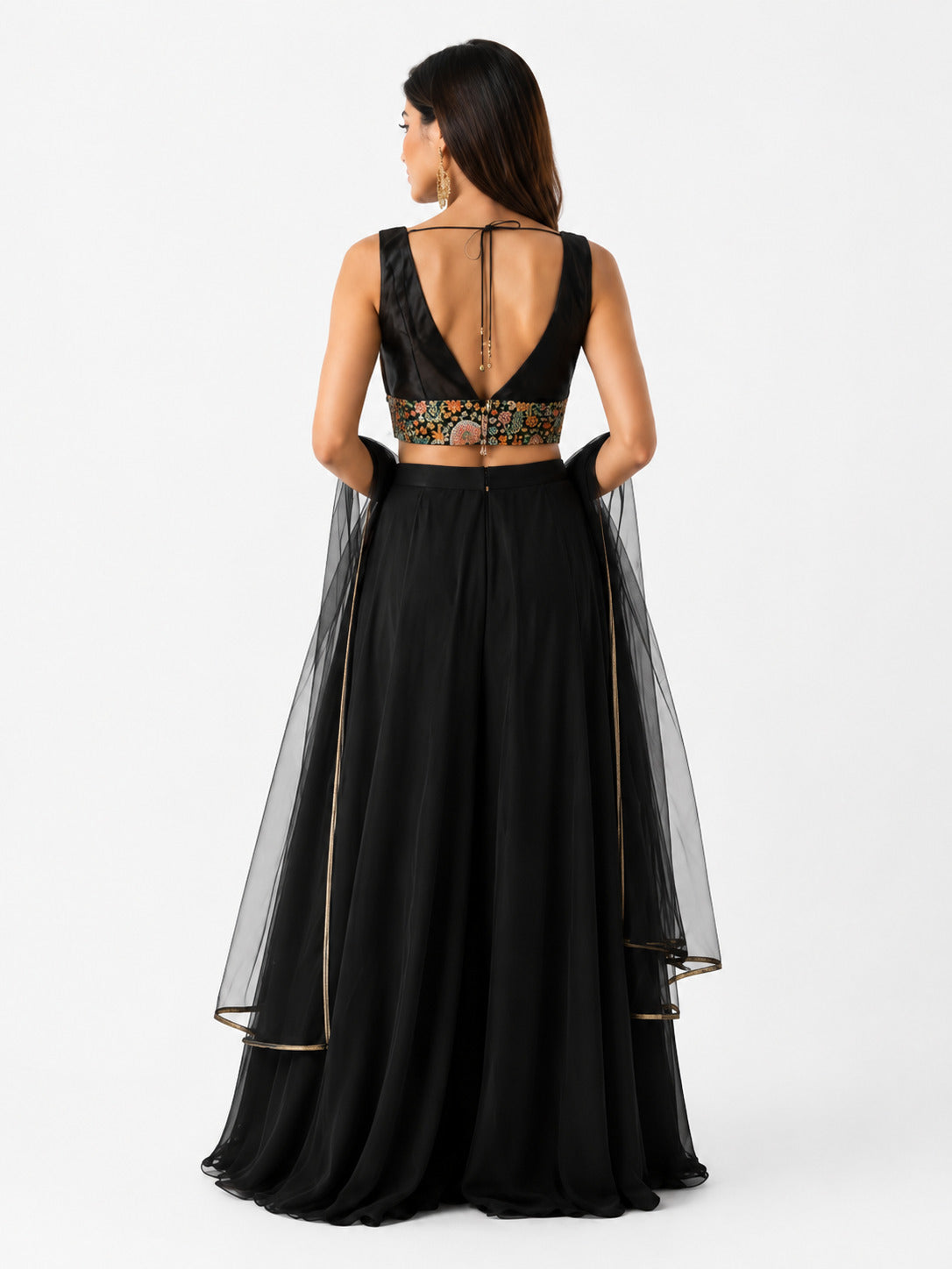 Women's Black Embroidered Lehenga Choli Set with Net Dupatta