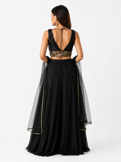 Women's Black Embroidered Lehenga Choli Set with Net Dupatta