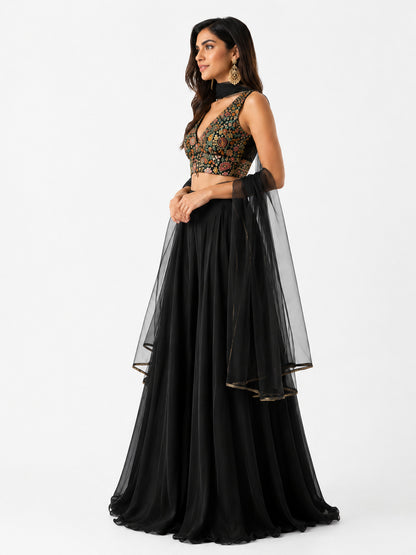 Women's Black Embroidered Lehenga Choli Set with Net Dupatta