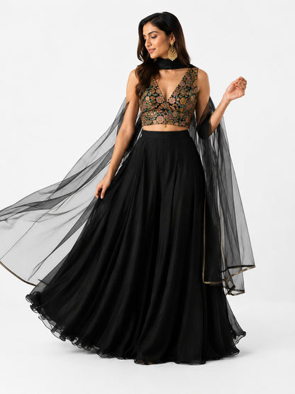 Women's Black Embroidered Lehenga Choli Set with Net Dupatta